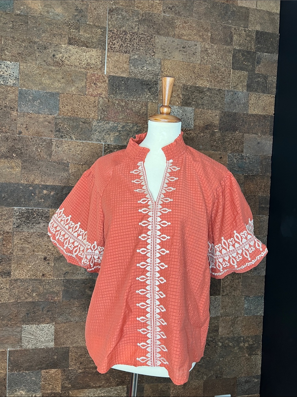 THML Women's orange and cream Embroidered Short-Sleeve Blouse